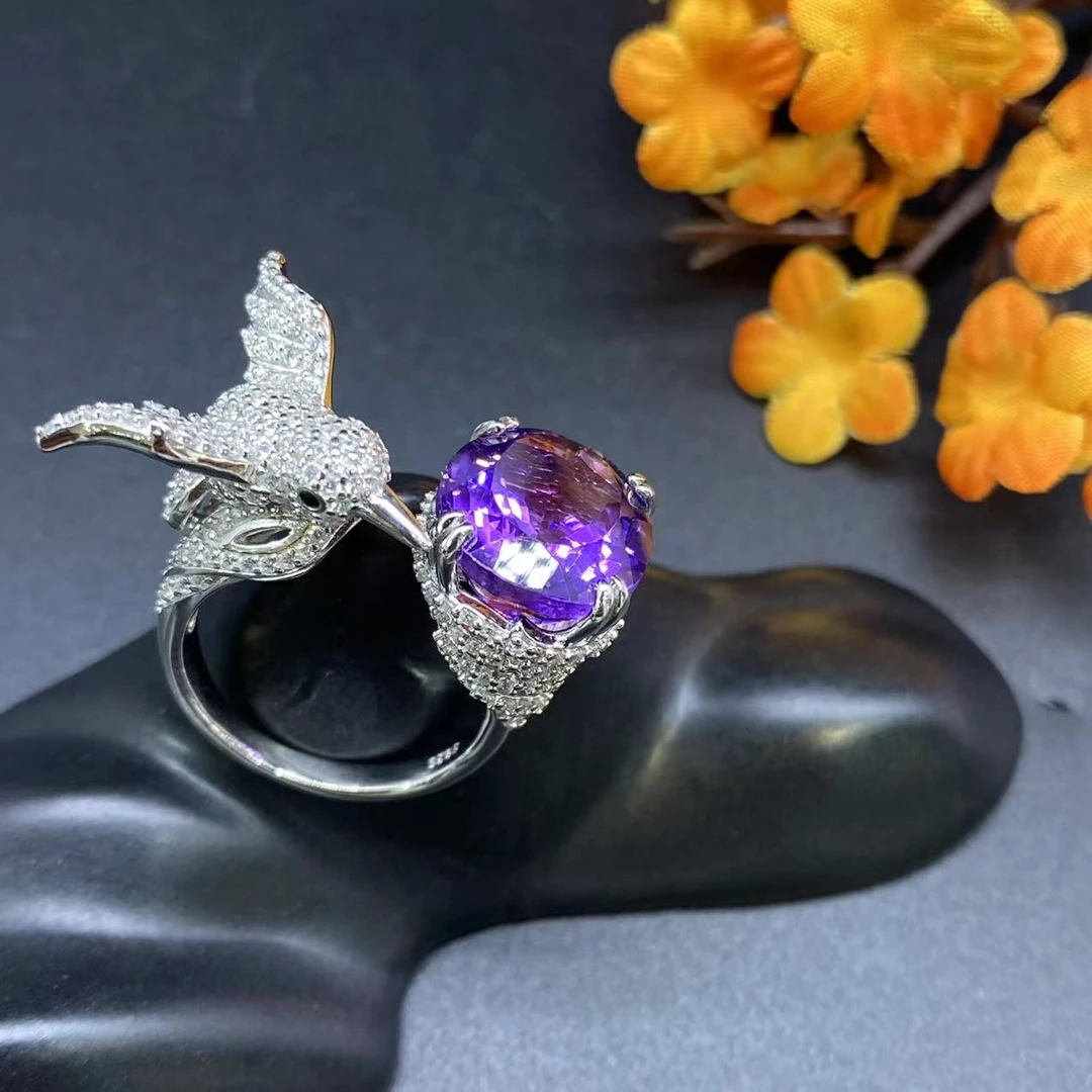【初见珠宝】S925银镶嵌紫水晶戒指8-2C64X3【尺寸约11*13mm+】