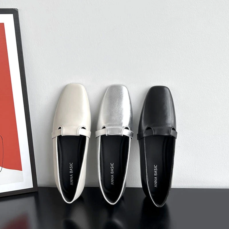 WGW27/2cm牛皮平底单鞋女春秋季百搭真皮软底粗跟韩版浅口方头