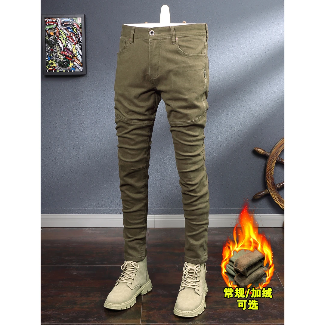 冬季军绿色机车拼接弹力修身小直筒加绒牛仔裤男青年韩版潮流百搭