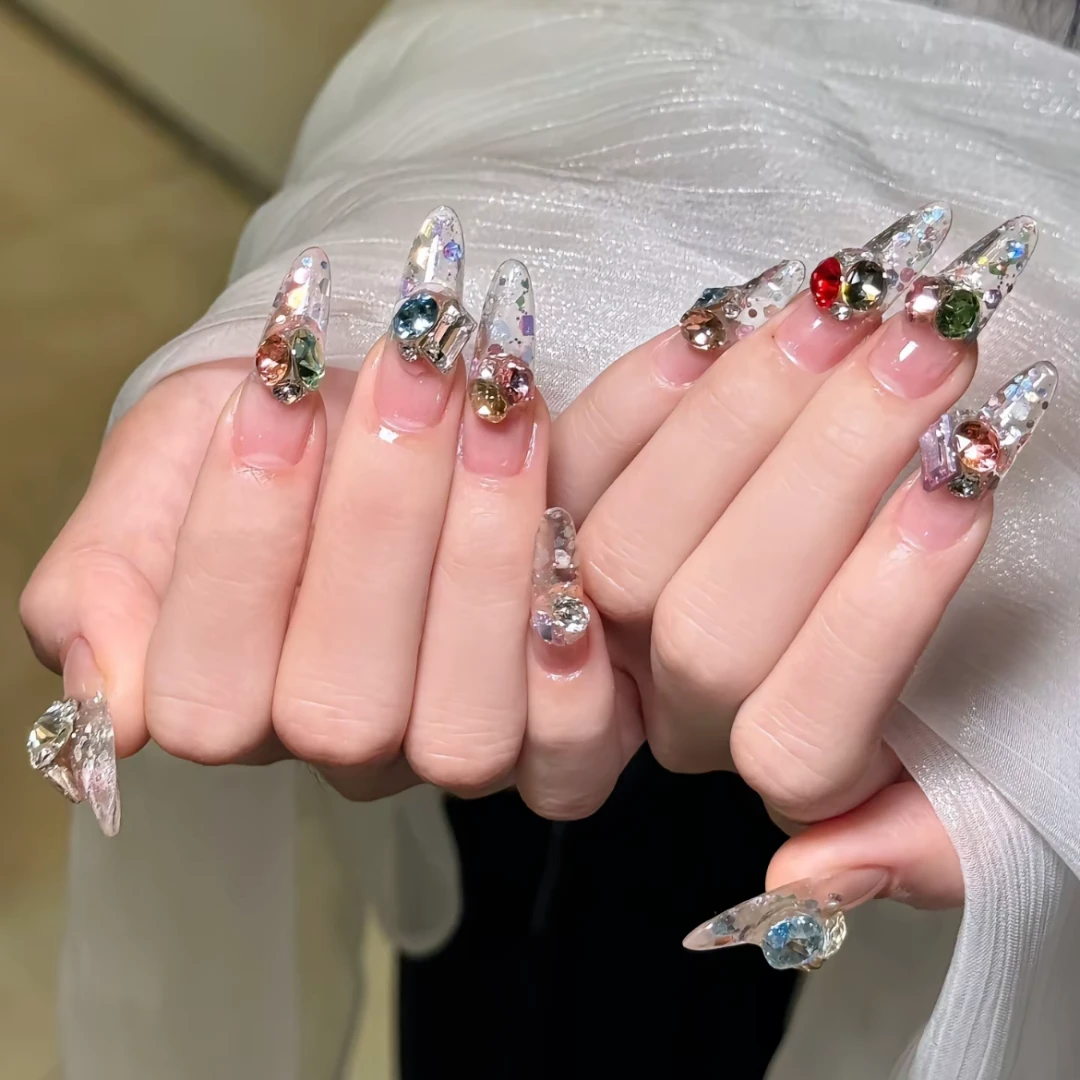 彩色糖果纯手工光疗美甲贴果冻贴片指甲穿戴甲美白简约梯形重复