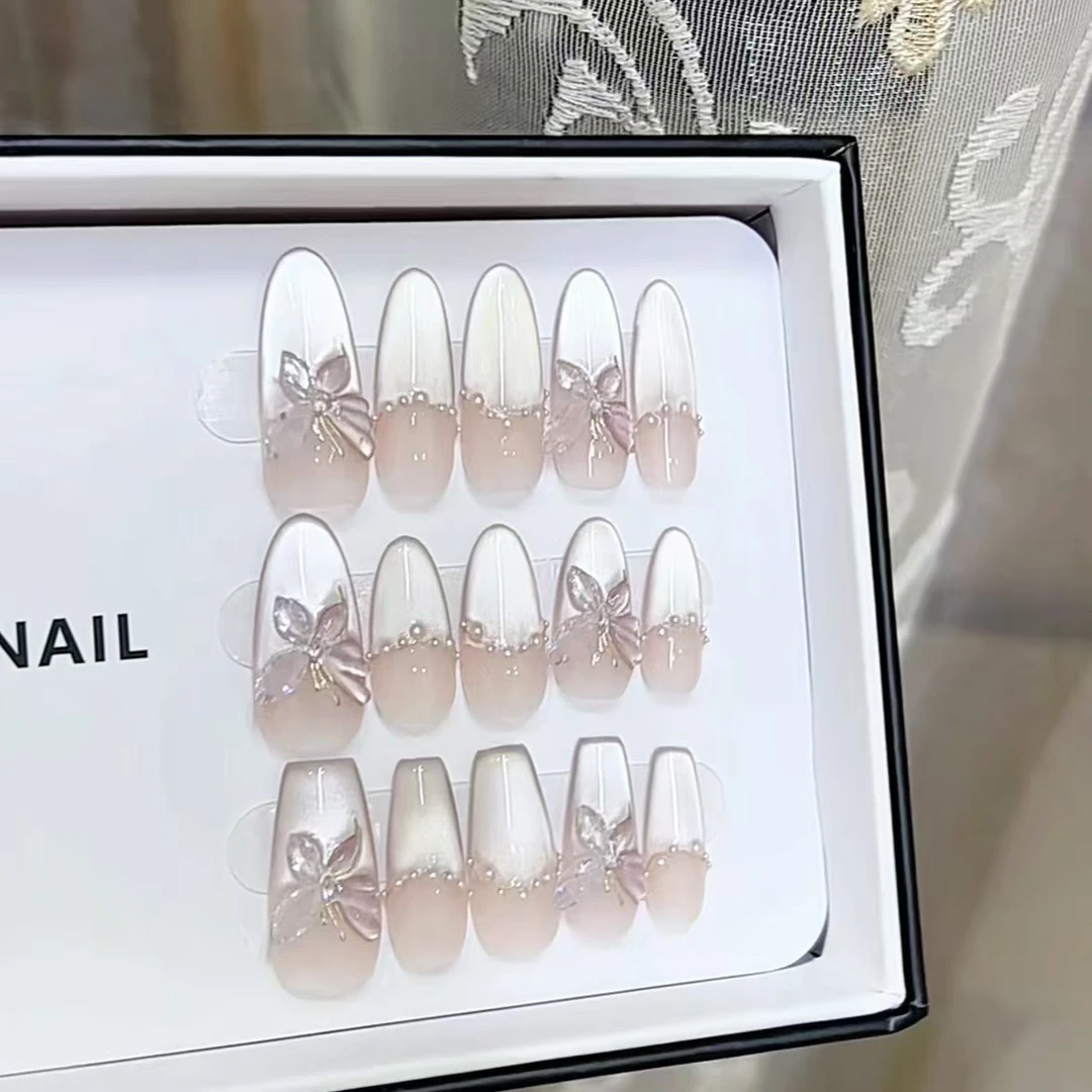 双飞碟纯手工光疗美甲贴果冻贴片指甲穿戴甲美白简约梯形重