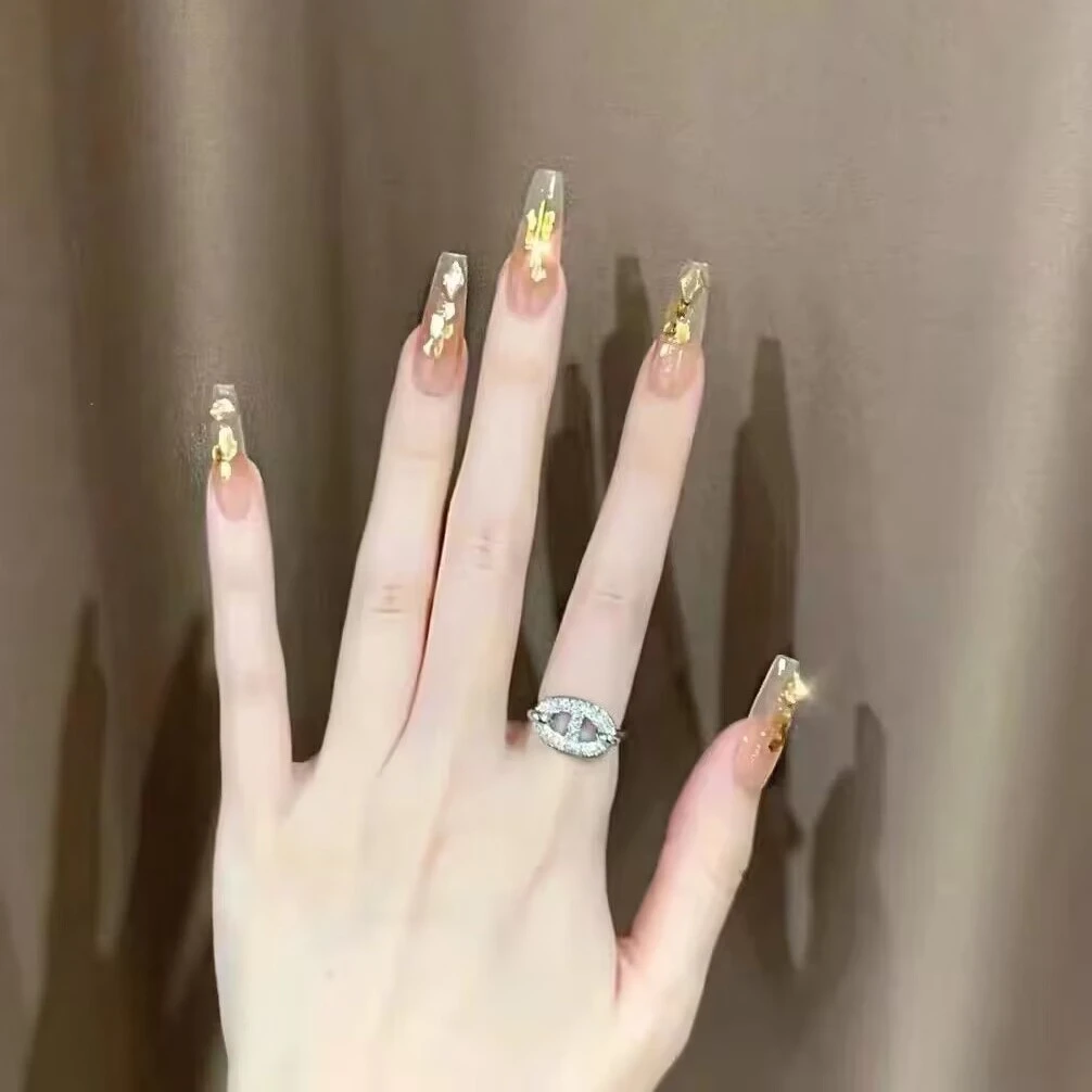 专属 手工光疗美甲 纸醉金迷果冻贴片假指甲成品可拆卸穿戴甲长款