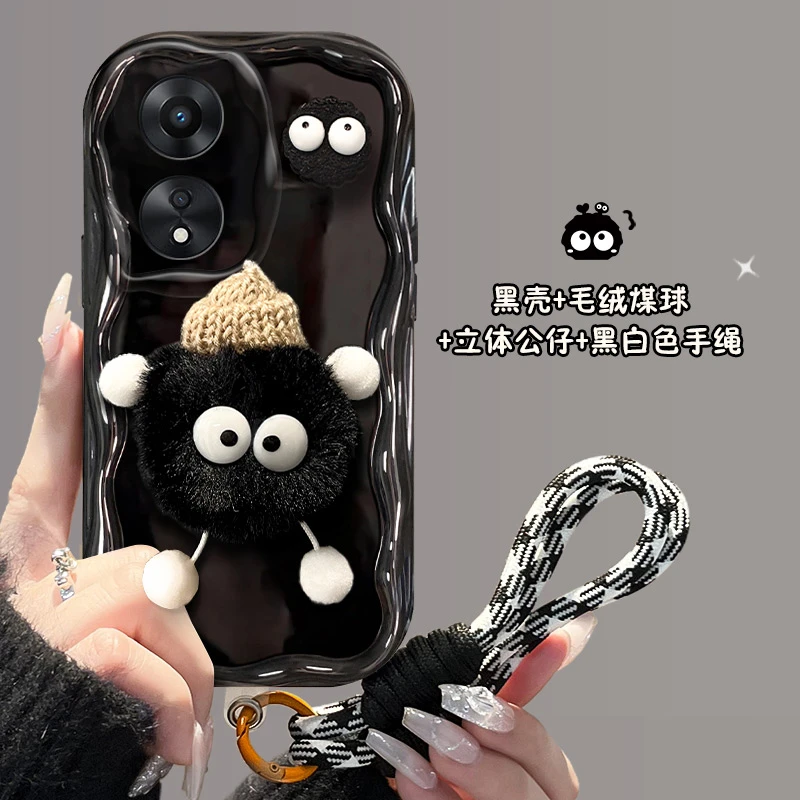 毛绒煤球适用oppoa1 5g手机壳PHS110防摔软胶壳全包男高档手绳款