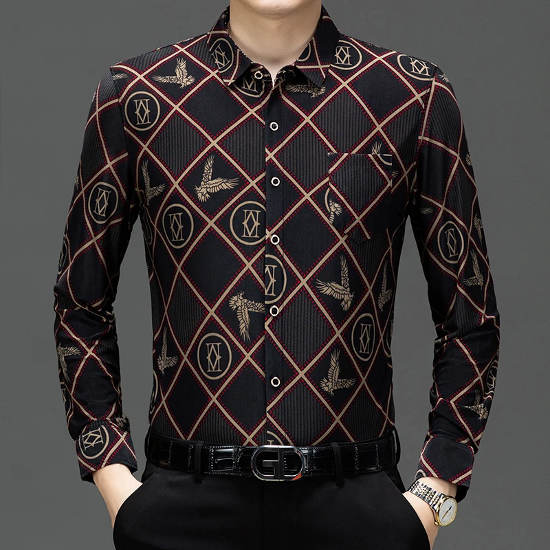 男士春秋新款长袖弹力衬衫有口袋9091#