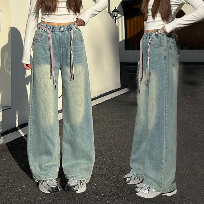 春季女童中大童牛仔裤2025春秋时尚百搭褲子初中生网红阔腿裤拖地