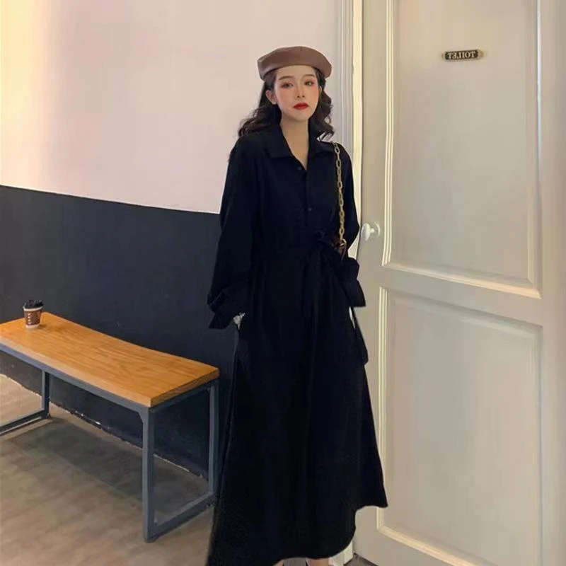 显瘦黑色衬衫连衣裙秋季2022新款爆款气质高级感复古赫本风长裙女