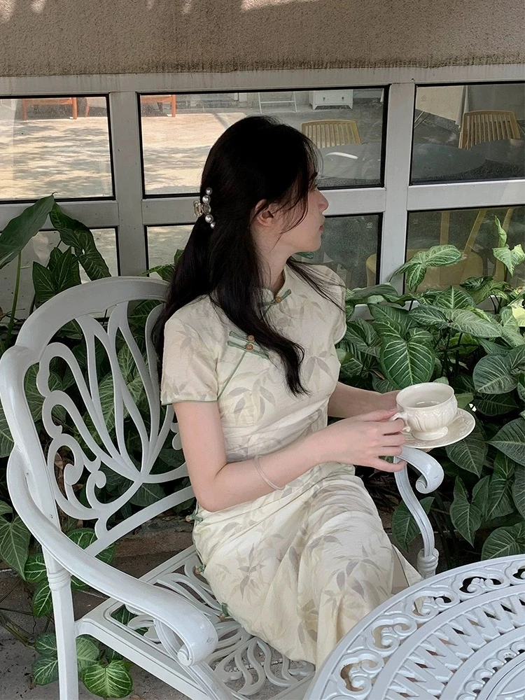 《蔓竹》衣长左右日常印花旗袍夏季气质中长款新中式立领长裙女士