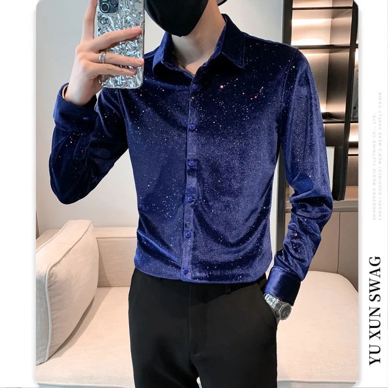 满天星亮片金丝绒衬衫男长袖秋冬季潮流时尚修身高端帅气休闲衬衣