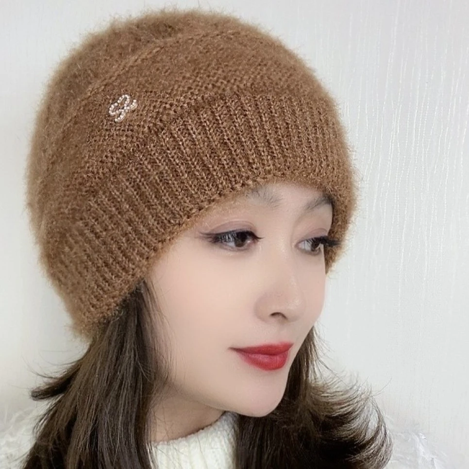 松鼠绒双层针织时尚百搭冬季堆堆帽女士编织韩版保暖帽秋冬帽子女