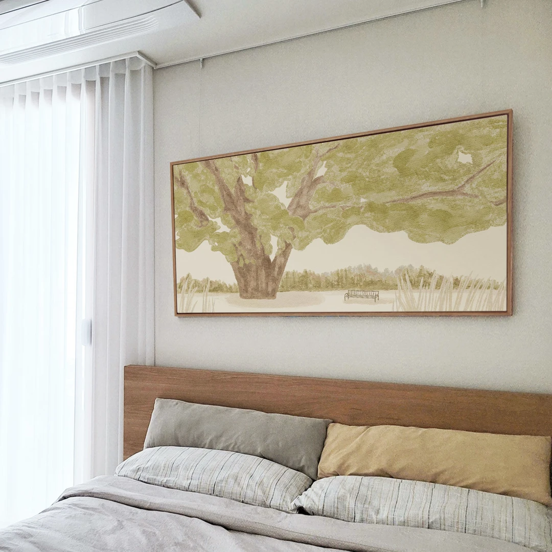 原木风卧室床头装饰画沙发背景挂画绿色小清新客厅背景墙横版挂画