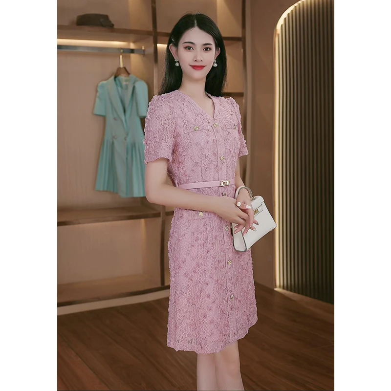 【蒂纳公主上新】1628囯内设计师品牌女装气质收腰短袖显瘦连衣裙