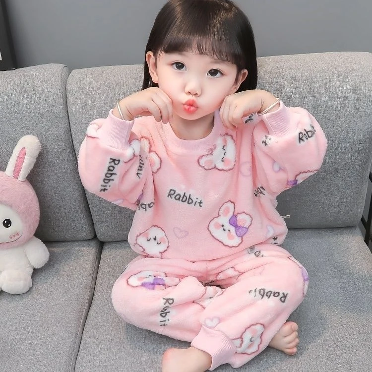 女童睡衣法兰绒绒秋冬新款季女孩宝宝加绒分体加厚儿童珊瑚绒家居
