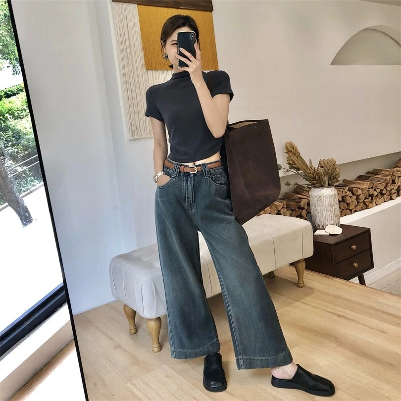2023秋季韩版小个子高腰休闲阔腿牛仔裤女直筒宽松显瘦柔软九分裤