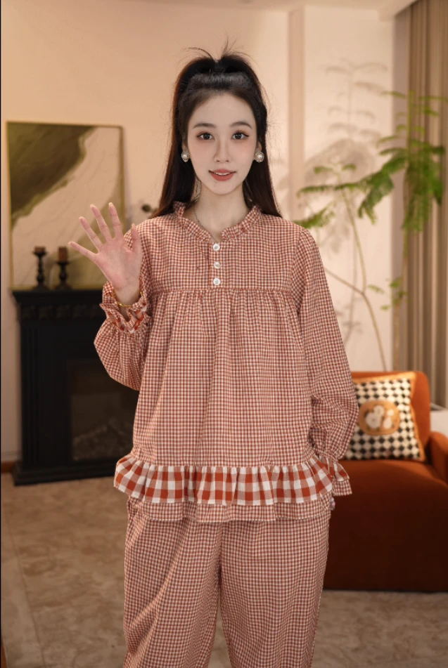 2025春款睡衣女套装色织格100纯棉家居服薄款宽松简约休闲大码