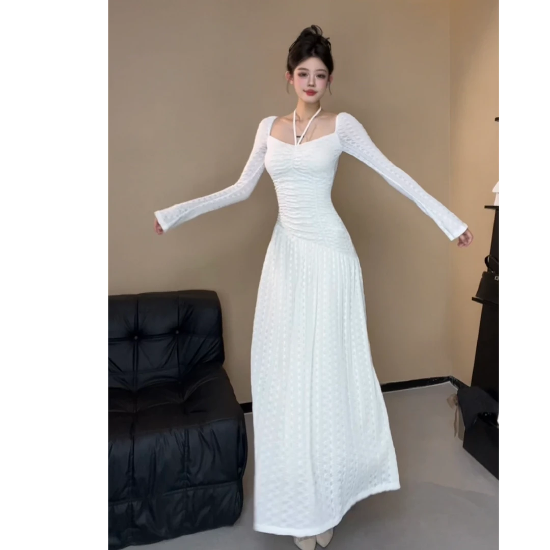 XQIN【白茶】法式白色挂脖气质高级长袖收腰A字长裙SXQWY403016