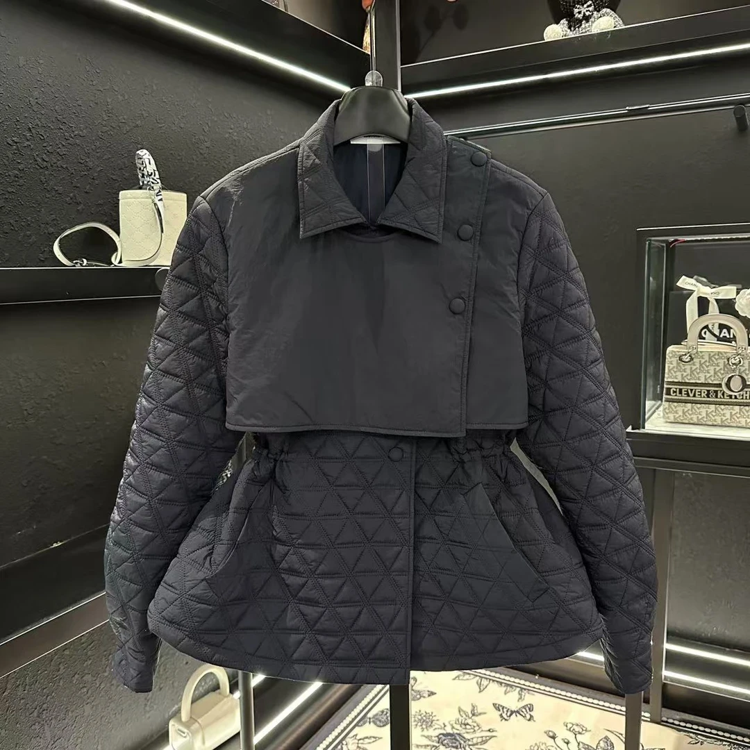 2024秋冬韩式复古简约单排扣菱格压纹抽绳收腰百搭长袖棉服外套女