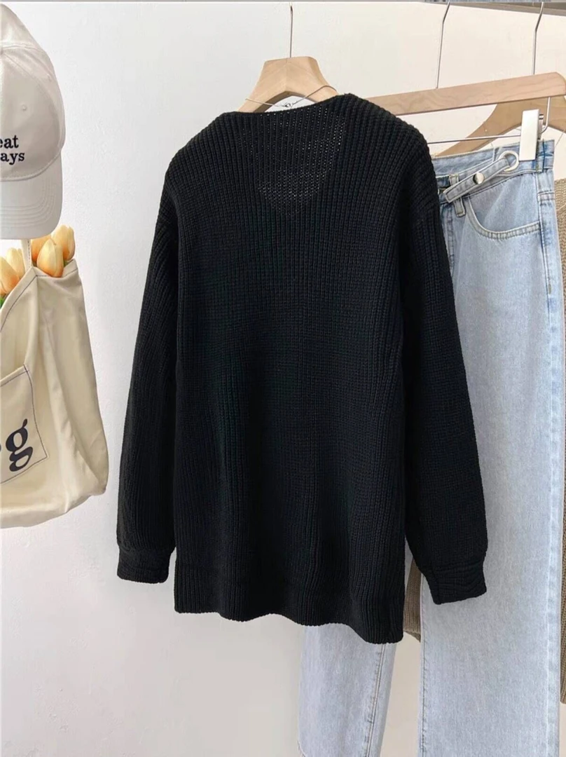 慵懒风V领遮肚显瘦针织衫秋冬新款软糯宽松毛衣小衫套头上衣撤柜