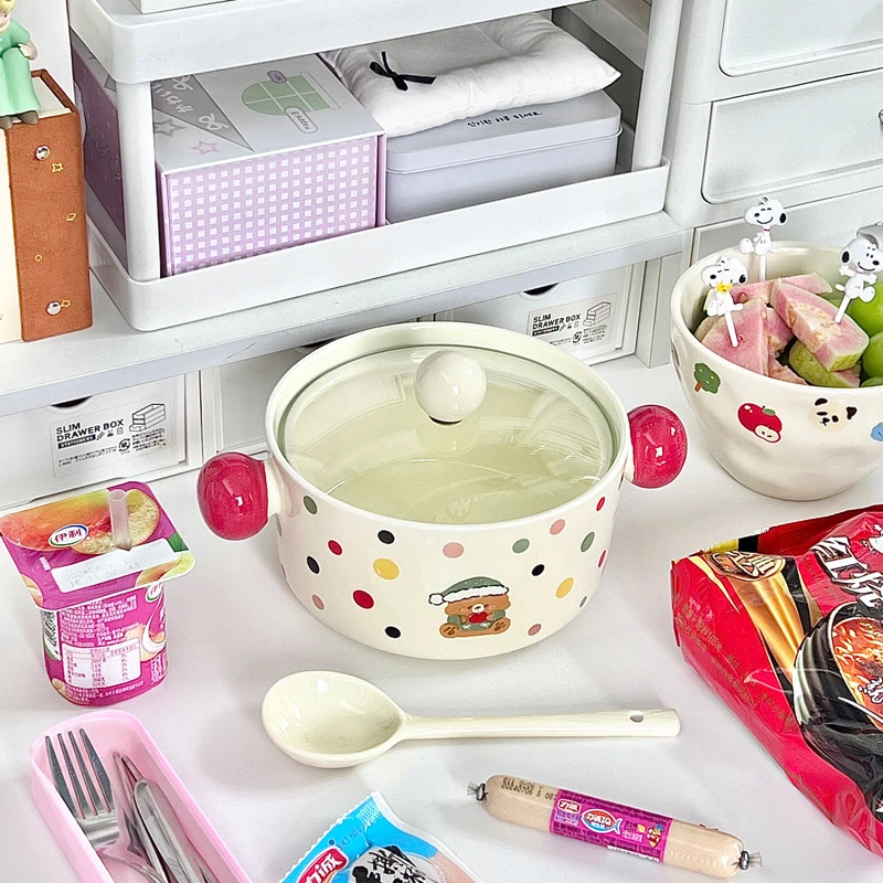 奶油风波点泡面碗带盖学生宿舍专用螺蛳粉碗可爱家用汤碗方便面碗