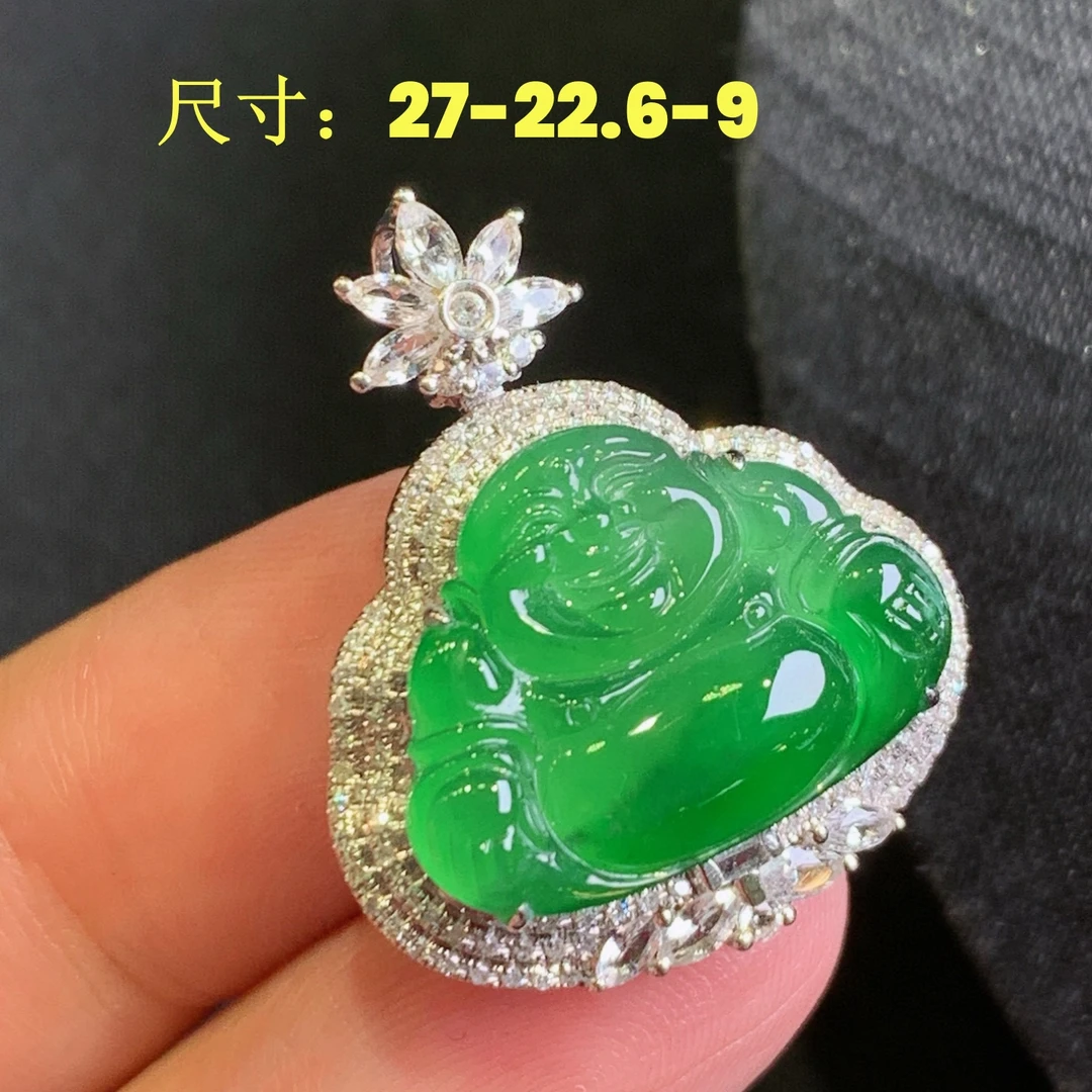 【仅一个清货】天然缅甸翡翠A货保正品保真18K金冰辣绿佛公吊坠缅料