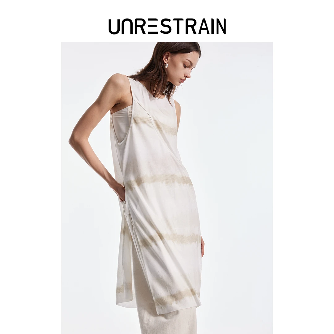 【UNRESTRAIN】UNR设计师品牌季抽象印花叠搭背心式连衣裙女