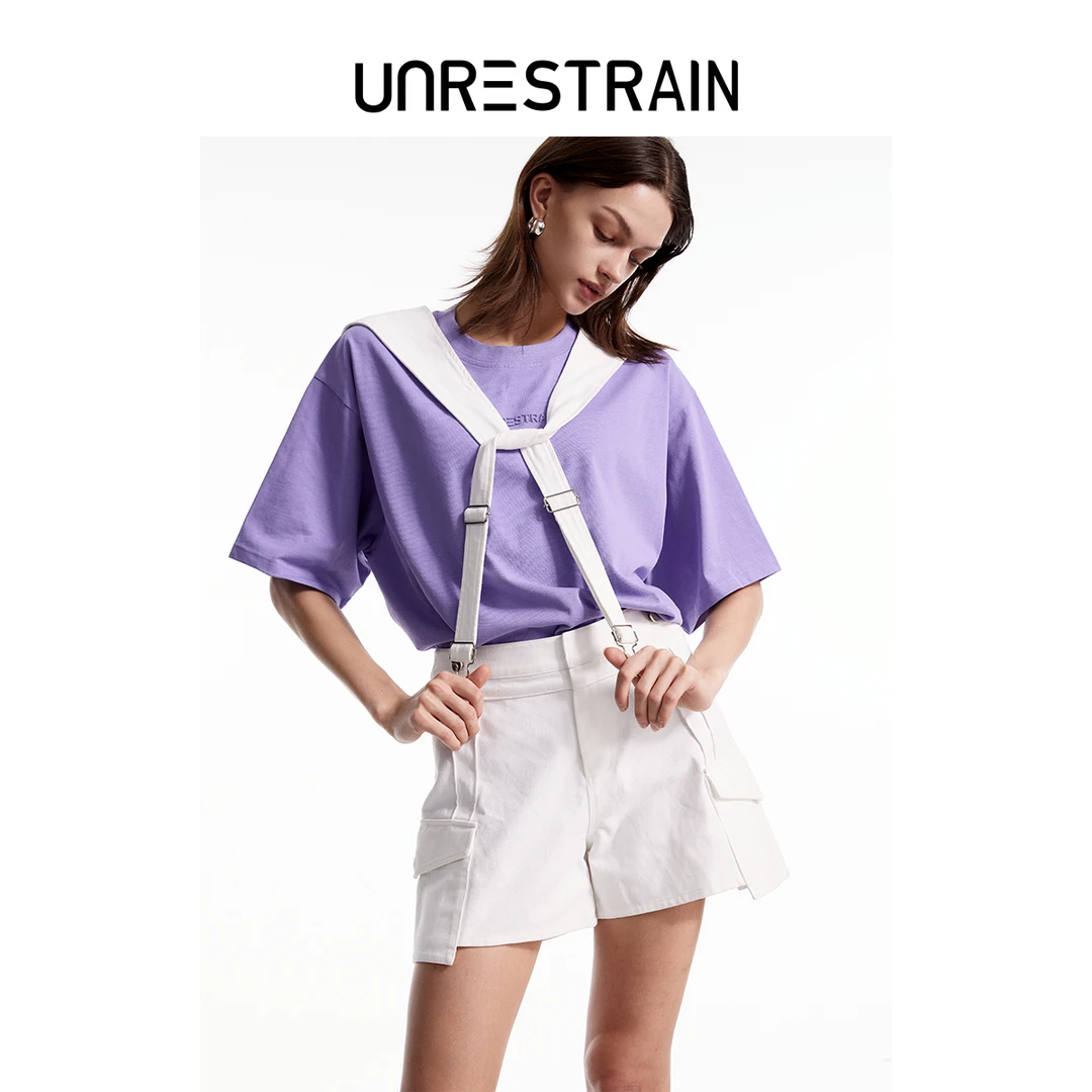 【UNRESTRAIN】UNR设计师品牌新品白色休闲可拆卸背带短裤女