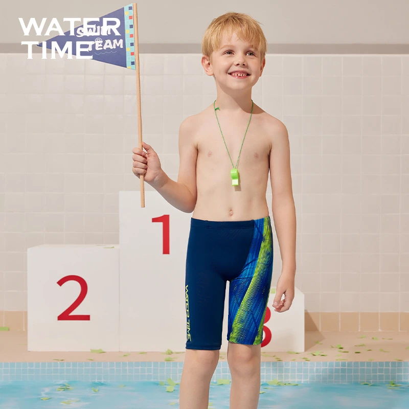 WaterTime儿童泳裤男孩专业训练速干竞技泳装中大童抗氯五分印花
