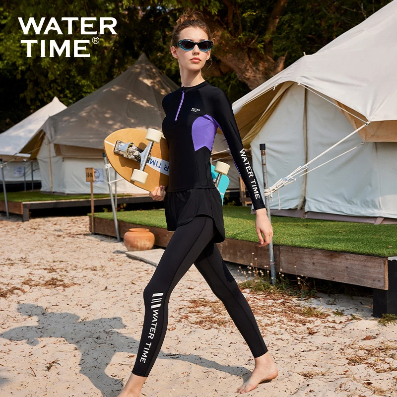 WaterTime游泳衣女款保守分体新款2023高级感长袖显瘦防晒冲浪服