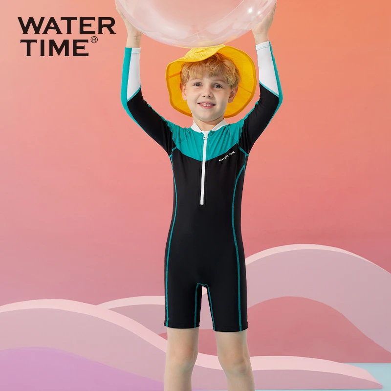 WaterTime/水川儿童泳衣男孩连体拼接长袖保暖泡温泉泳装男童泳装
