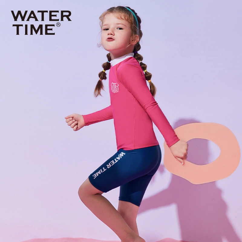 WaterTime儿童泳衣女孩分体长袖防晒中大童女童2023新款保暖泳衣