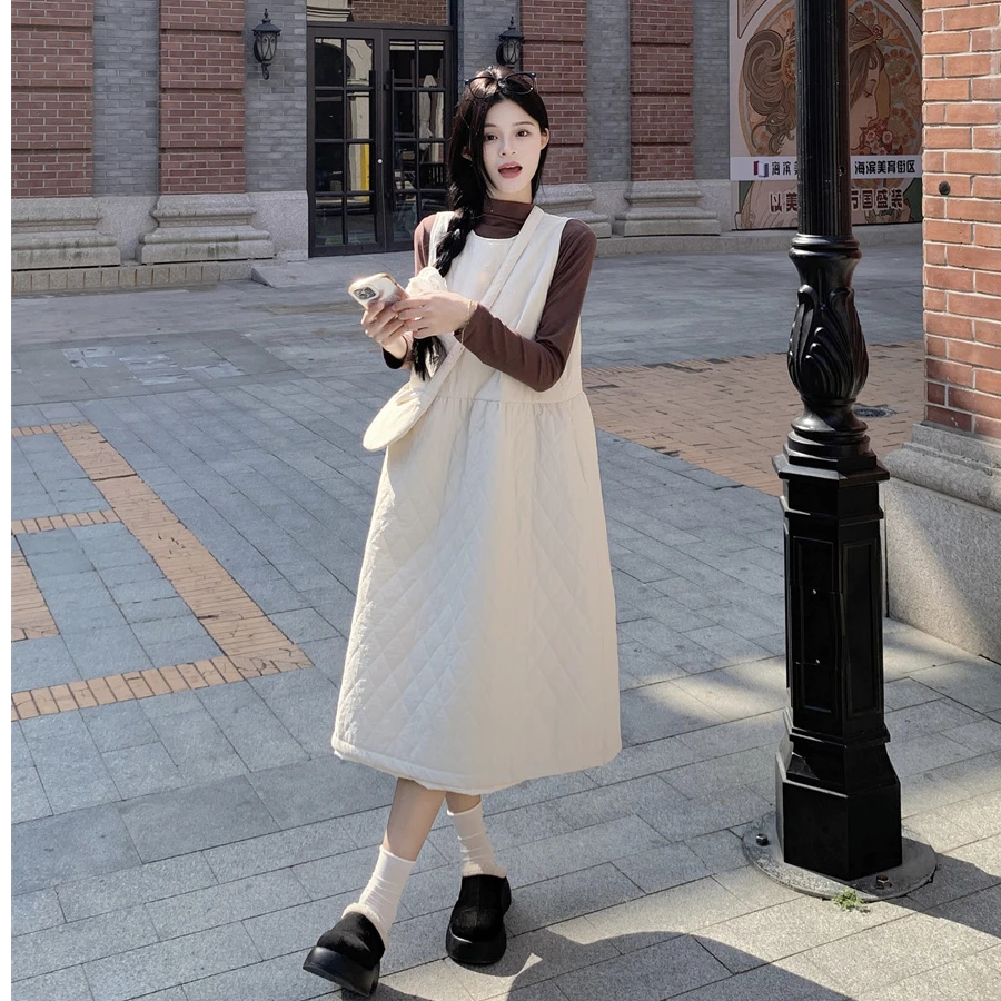 千金风菱型格纹配包包无袖背心连衣裙2024年秋冬新款气质长裙