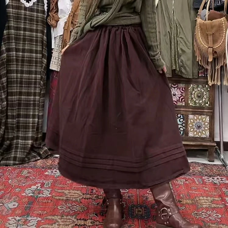 秋冬复古松紧腰花边半身裙A字裙日系穿搭