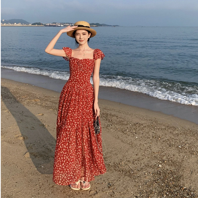 茶歇法式赫本温柔减龄红色连衣裙古着露背绑带仙女裙沙滩裙女士