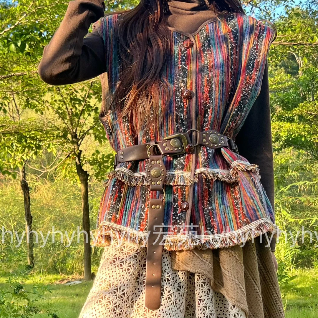 多巴胺民族风新疆云南旅游流苏夹棉彩色编织马甲