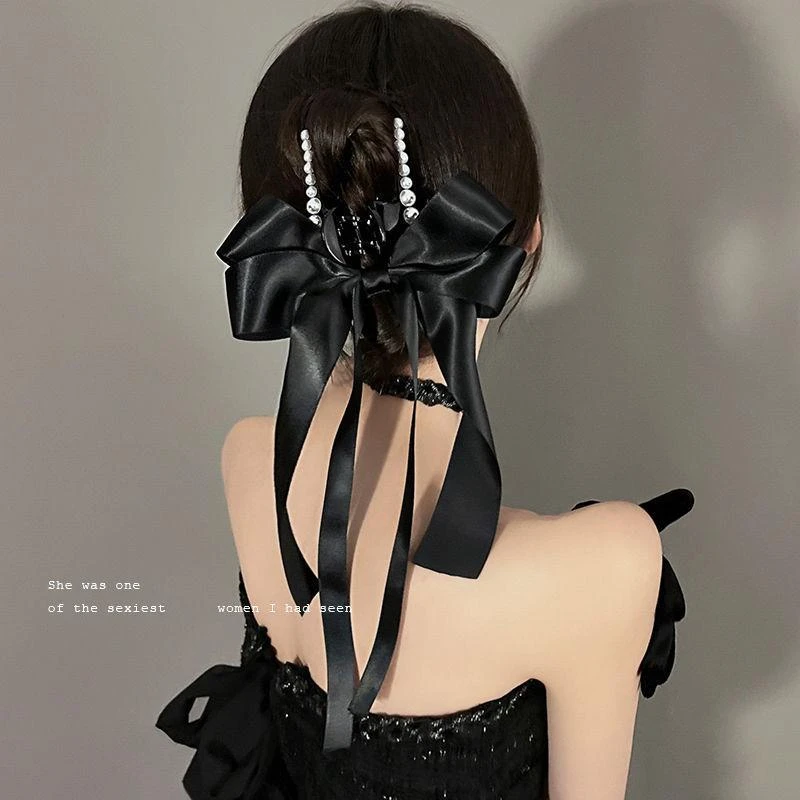 网红蝴蝶结飘带抓夹黑色发夹发抓女夹子超仙发饰头饰法式鲨鱼夹G