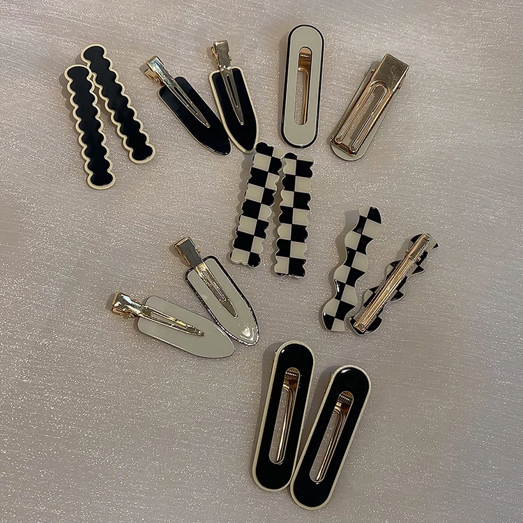 黑白棋盘格发夹侧边无痕发卡女刘海卡子一字夹鸭嘴夹发饰夹子头饰