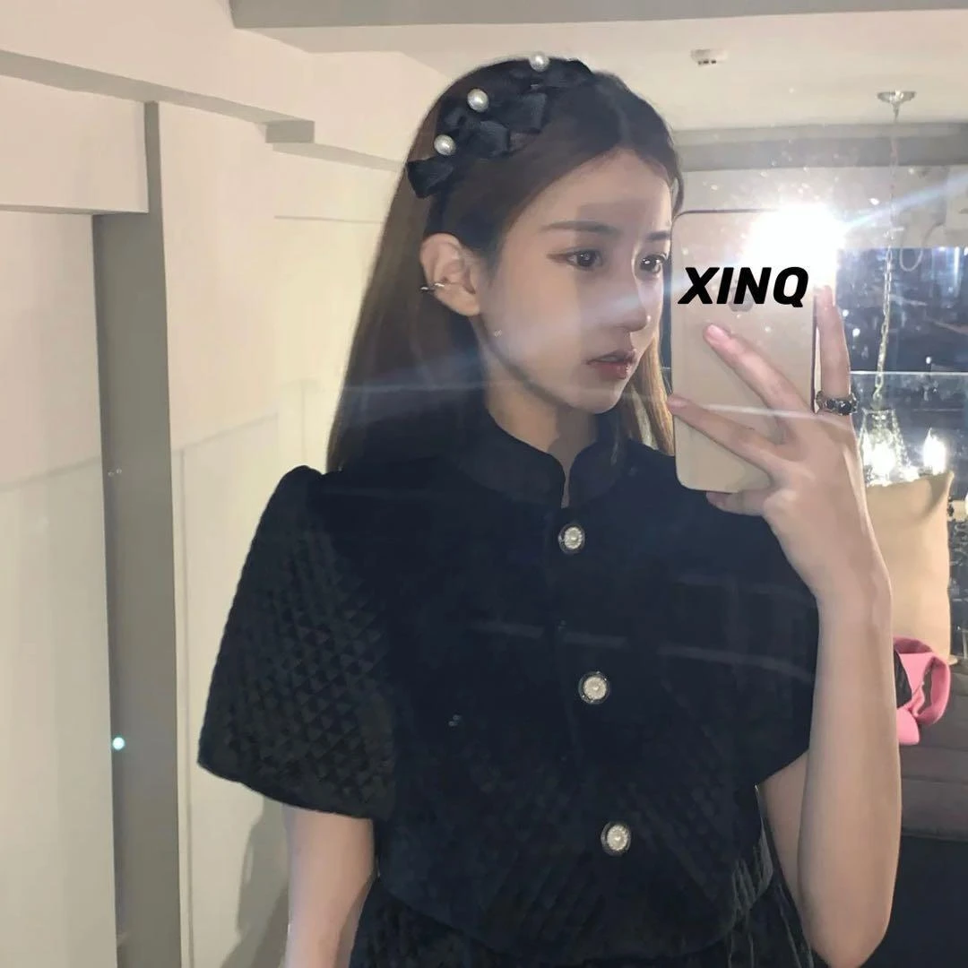 XINQ公主小妹珠珠丝绒蝴蝶结发箍头饰名媛精致小香风美少女发箍