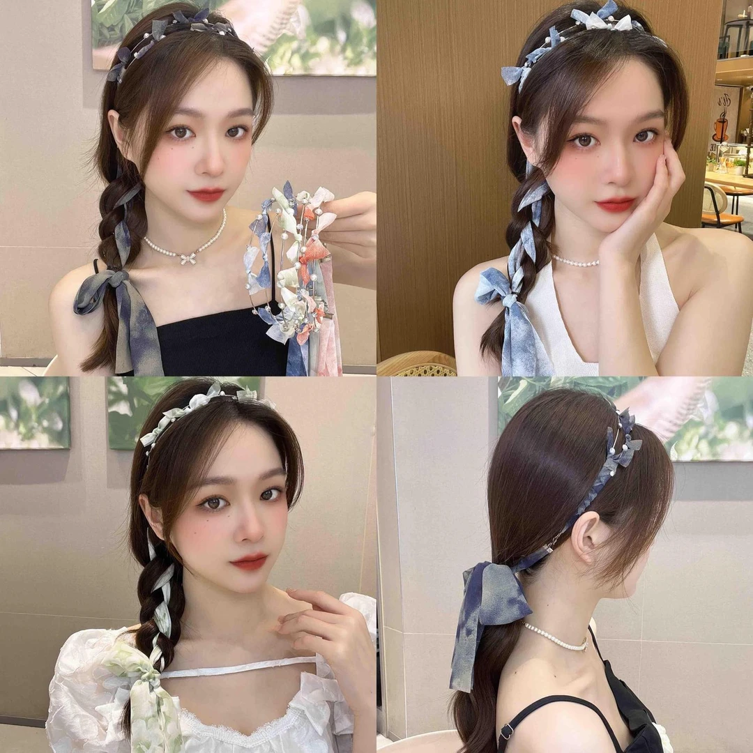 超仙蓝色碎花韩系飘带发箍女森系仙美发带绑发编发丝带头饰春夏季
