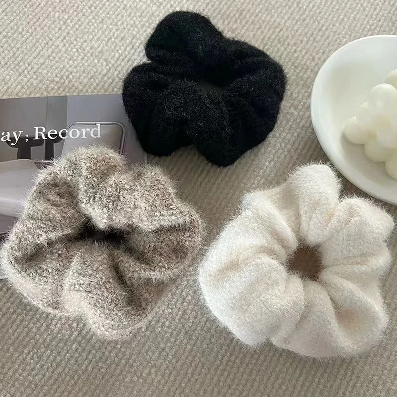 秋冬款柔软毛绒绒大肠发圈气质仿水貂毛毛线宽发绳头花女简约头饰