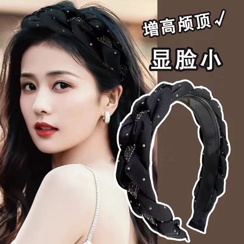 发箍2023新款黑色水钻麻花发箍女高级感外出百搭发卡头饰洗脸化G