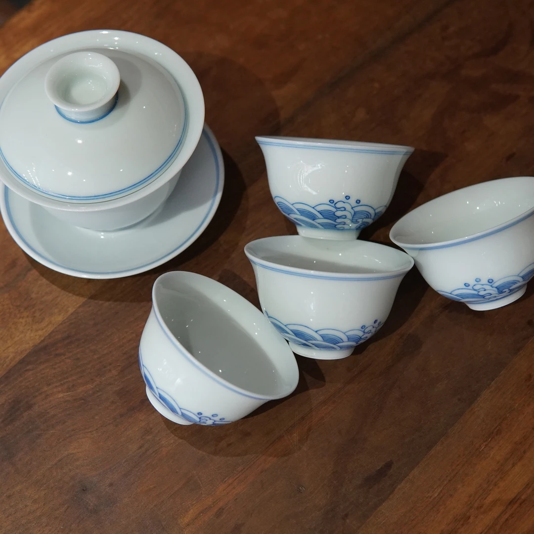 景德镇青花瓷品茗杯小茶杯陶瓷手绘海浪纹主人杯功夫茶杯