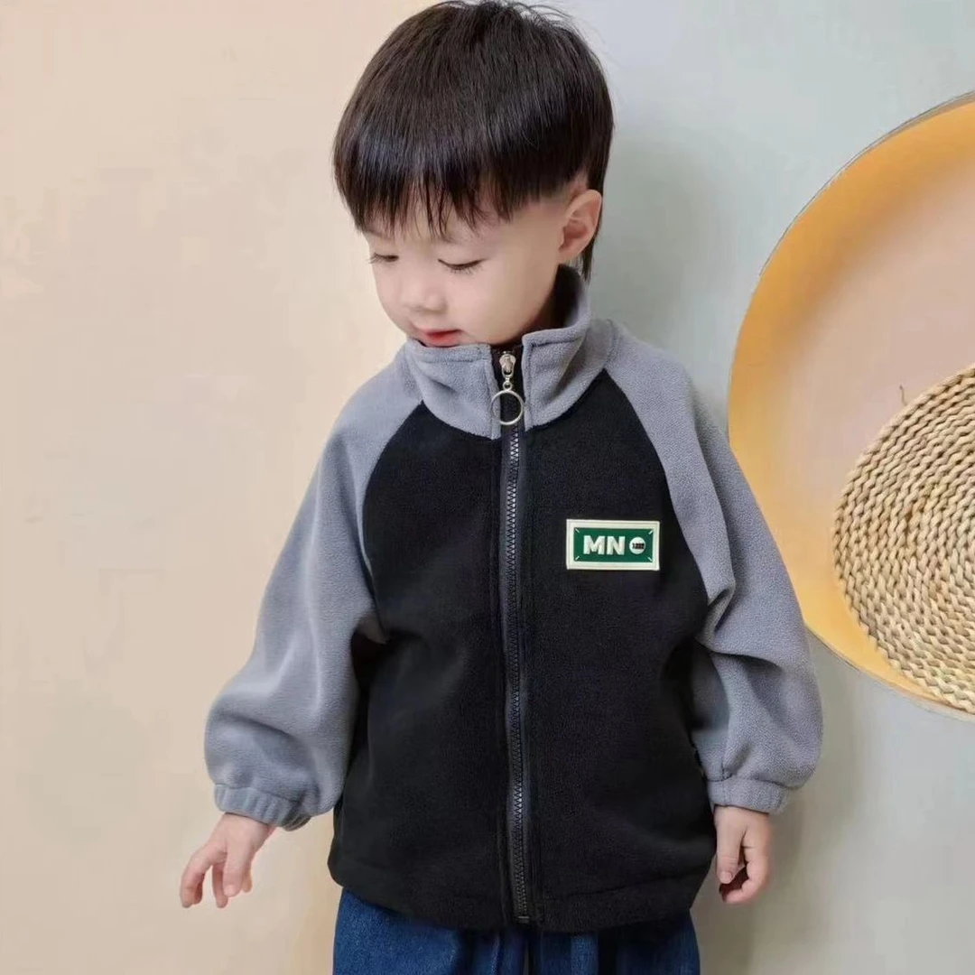 新款奥粒绒加厚外套立领秋冬男童女童休闲插肩拼接韩版洋气1-15岁
