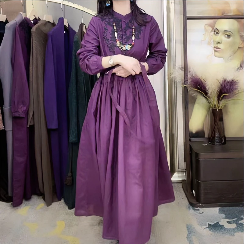 LEMONDISIN【紫媚】暗紫红绣花连衣裙收腰显瘦气质v领法式长袖长裙