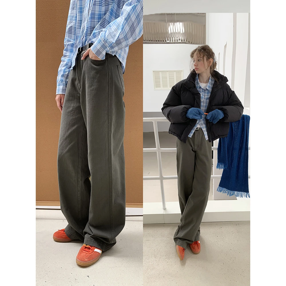 UNRETRO 复古基础款百搭直筒水洗梭织工装裤女小个子休闲阔腿长裤