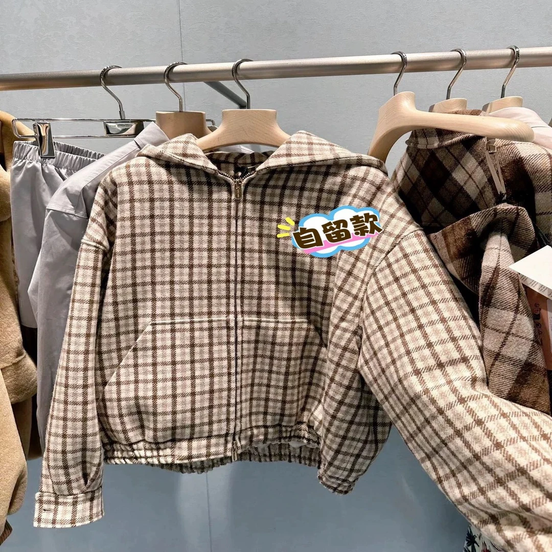 【现货】年装自留款 男女通穿 棕色格纹羊毛呢子连帽休闲夹克外套