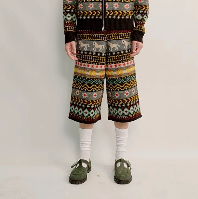 【现货】设计师品牌经典费尔岛提花松紧腰休闲裤七八分裤厚实