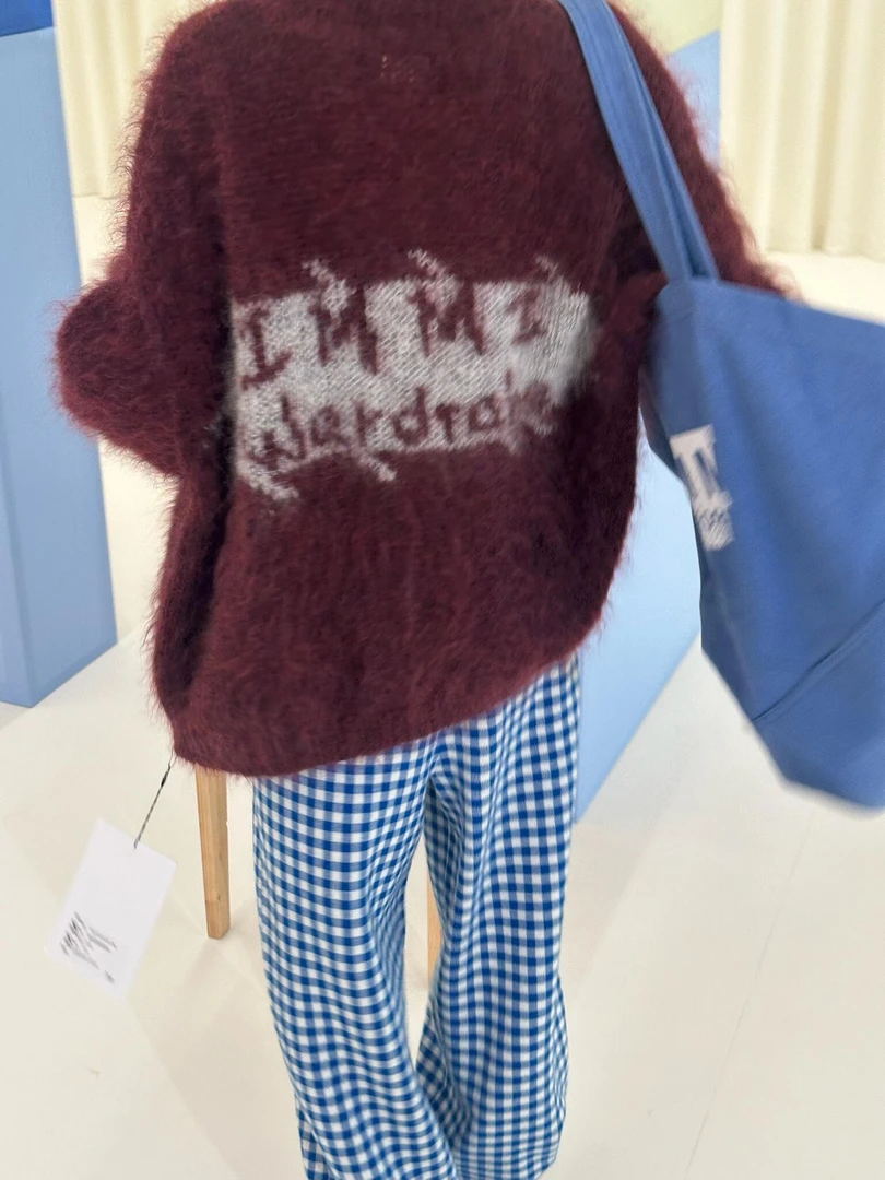 特清！正品 IM新款新品酒红马海毛秋冬PL撞色开衫外套