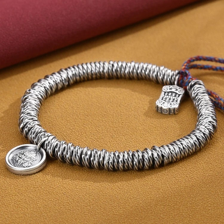 足银手链 莫比乌斯盘缠手串999.9纯银复古男女手工做旧黄财神吉言
