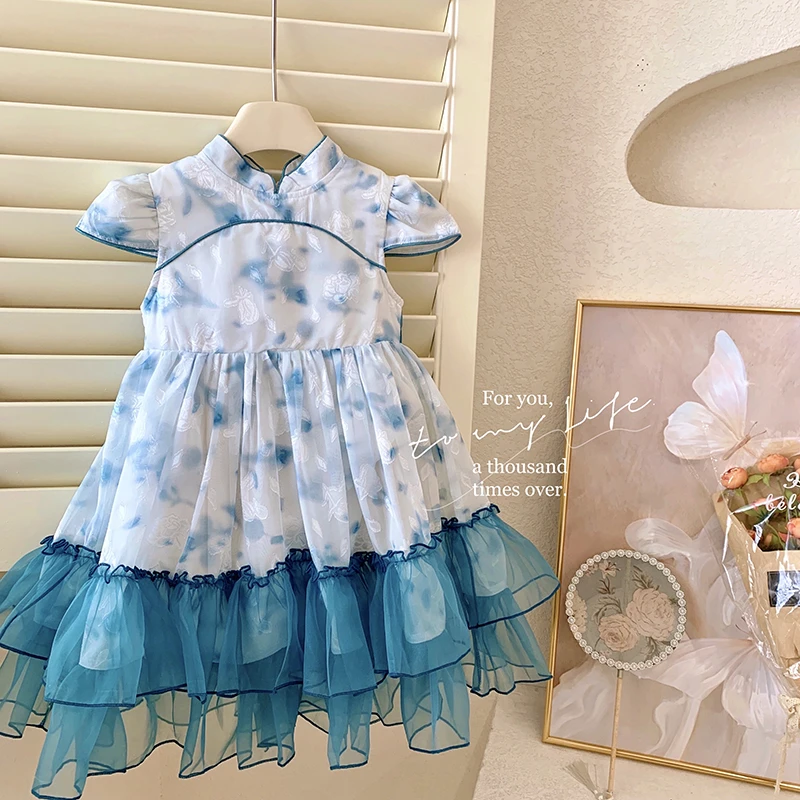 2024夏“青花瓷”中国风女童扎染网纱连衣裙A8828 29'9