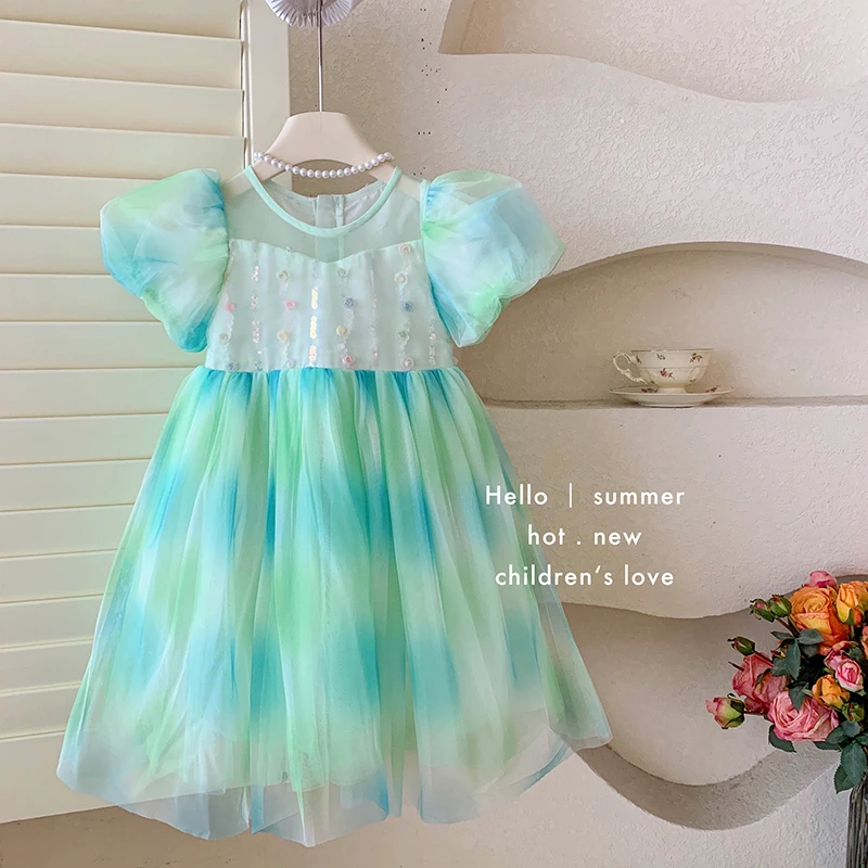夏‘仲夏夜”韩版女童泡泡袖亮片撞色公主连衣裙5006 29‘9’