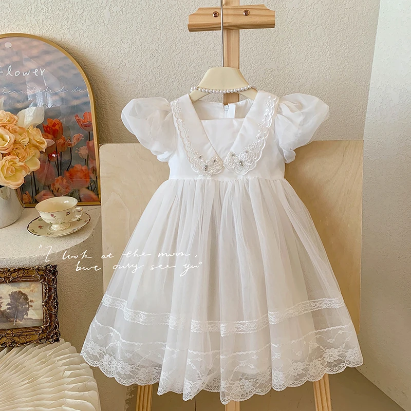 2024夏“西西里夏日”女童泡泡袖花边领网纱蕾丝连衣裙90063 39‘9’